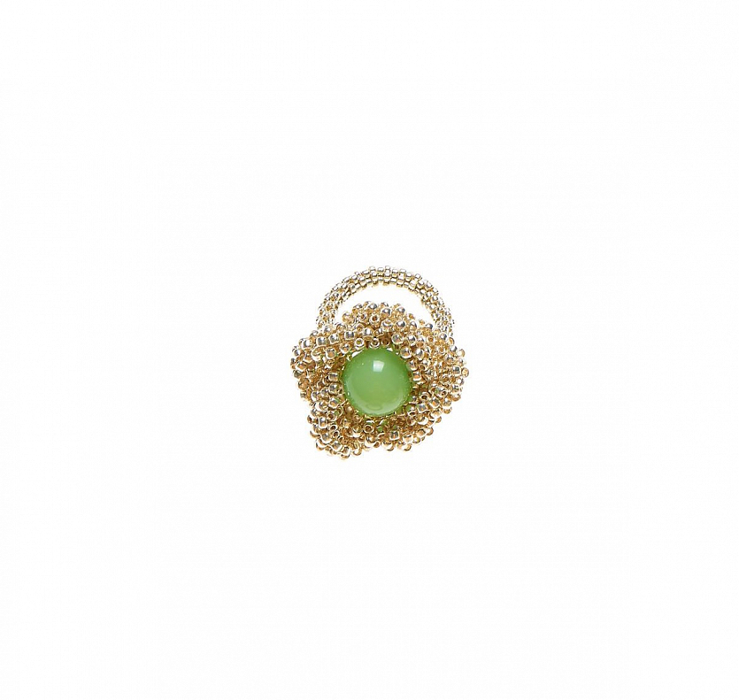 Кольцо BEADED BREAKFAST с цветком, в винтажном стиле, цвет серебро - зеленая бусина